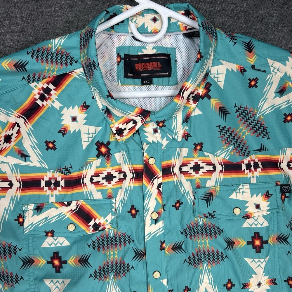 Rock & Roll Denim TEK Shirt Mens 2XL Teal Aztec Western Pearl Snap Vented